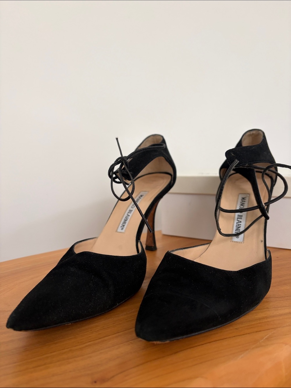 Manolo Blahnik Black Suede Pointed-Toe Lace-Up Heels